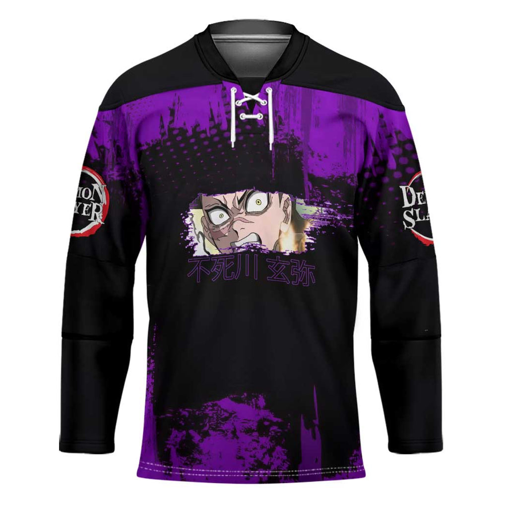 Genya Shinazugawa Demon Slayer Purple Grunge Design Hockey Jersey with Fierce Expression and Combat Stance - The Mazicc