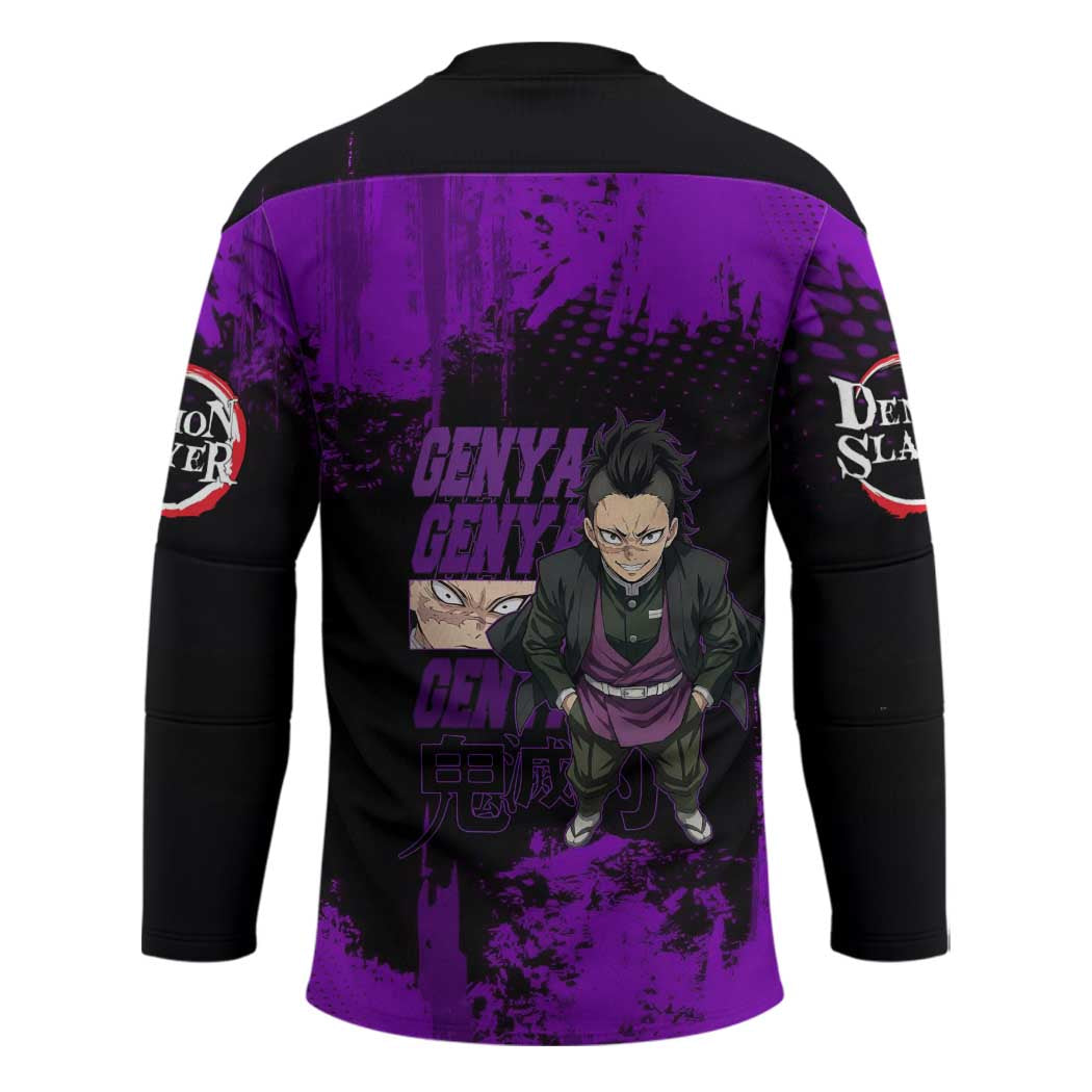 Genya Shinazugawa Demon Slayer Purple Grunge Design Hockey Jersey with Fierce Expression and Combat Stance - The Mazicc