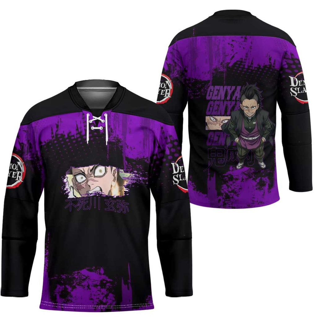 Genya Shinazugawa Demon Slayer Purple Grunge Design Hockey Jersey with Fierce Expression and Combat Stance - The Mazicc