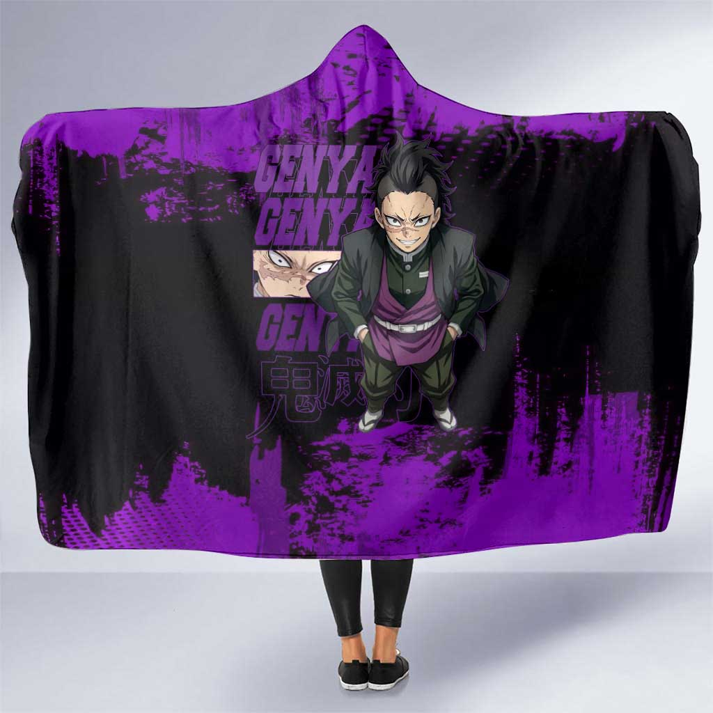 Genya Shinazugawa Demon Slayer Purple Grunge Design Hooded Blanket with Fierce Expression and Combat Stance - The Mazicc