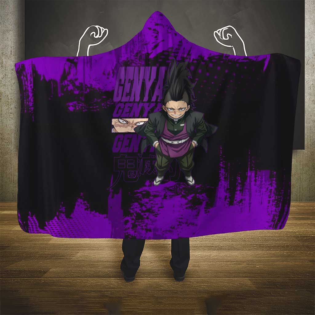 Genya Shinazugawa Demon Slayer Purple Grunge Design Hooded Blanket with Fierce Expression and Combat Stance - The Mazicc