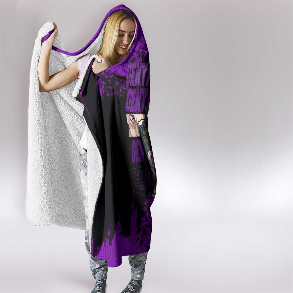 Genya Shinazugawa Demon Slayer Purple Grunge Design Hooded Blanket with Fierce Expression and Combat Stance - The Mazicc