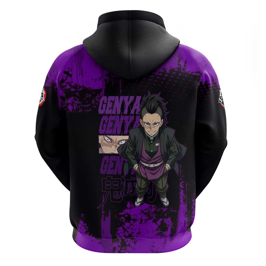 Genya Shinazugawa Demon Slayer Purple Grunge Design Hoodie with Fierce Expression and Combat Stance - The Mazicc