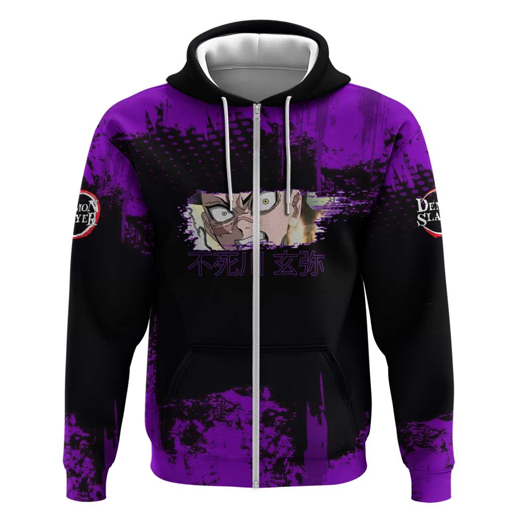 Genya Shinazugawa Demon Slayer Purple Grunge Design Hoodie with Fierce Expression and Combat Stance - The Mazicc