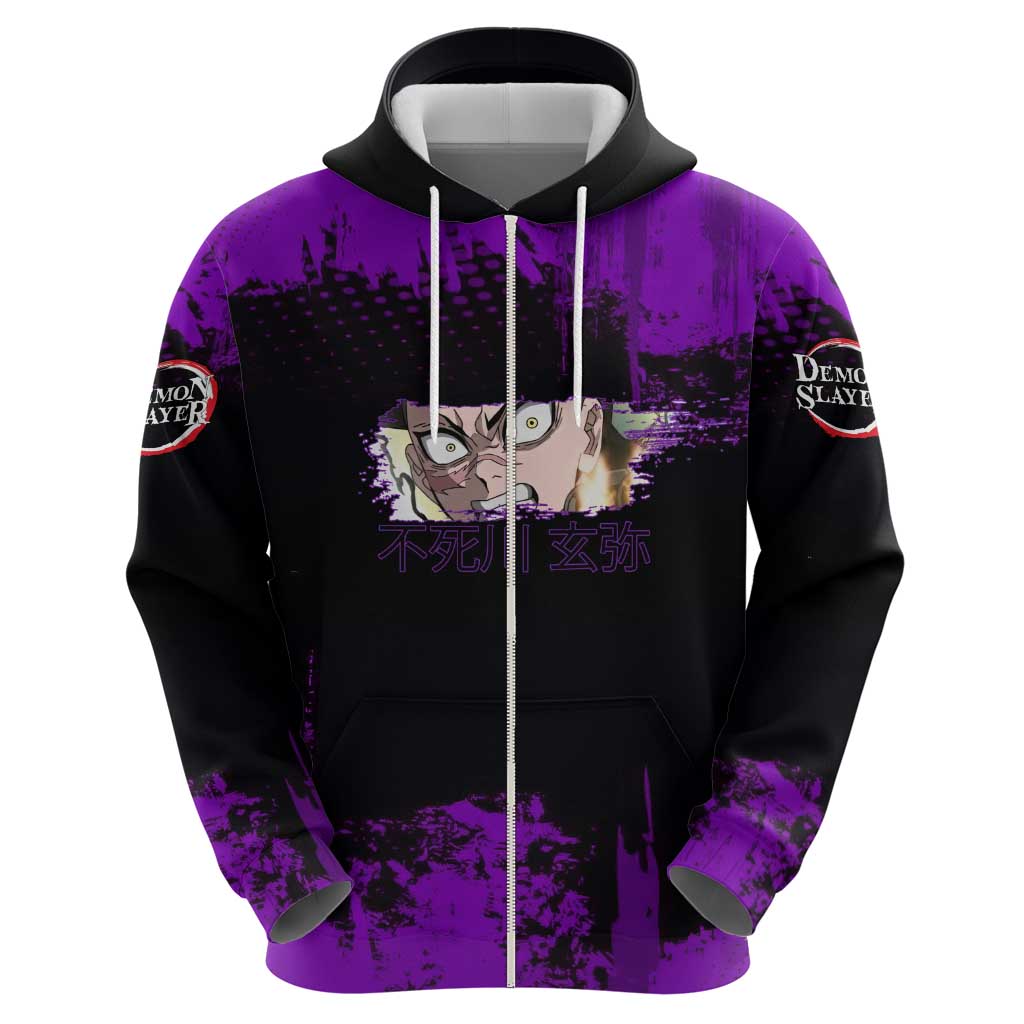 Genya Shinazugawa Demon Slayer Purple Grunge Design Hoodie with Fierce Expression and Combat Stance - The Mazicc
