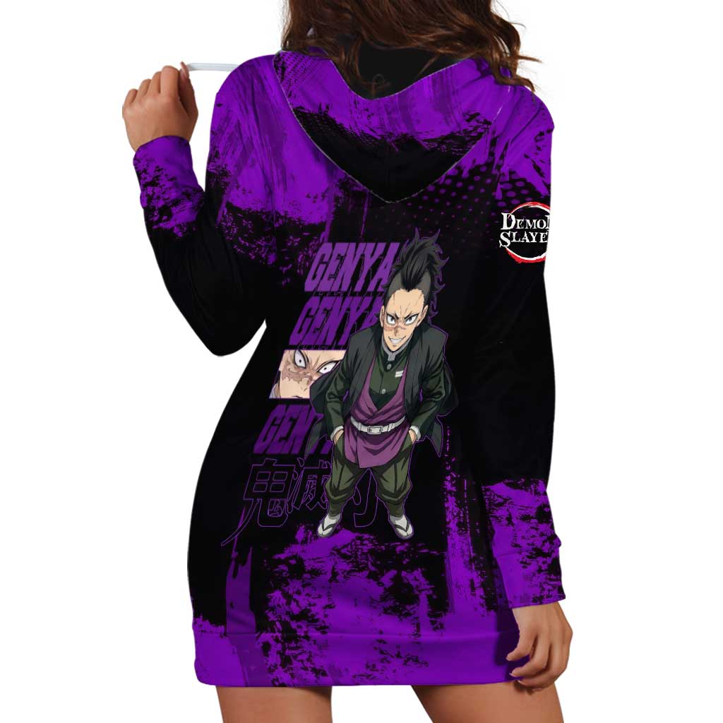 Genya Shinazugawa Demon Slayer Purple Grunge Design Hoodie Dress with Fierce Expression and Combat Stance - The Mazicc