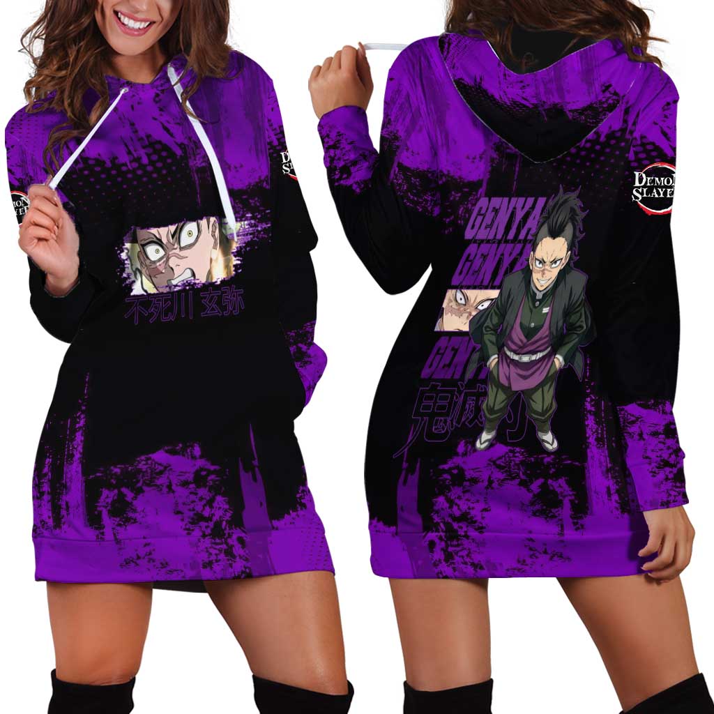 Genya Shinazugawa Demon Slayer Purple Grunge Design Hoodie Dress with Fierce Expression and Combat Stance - The Mazicc