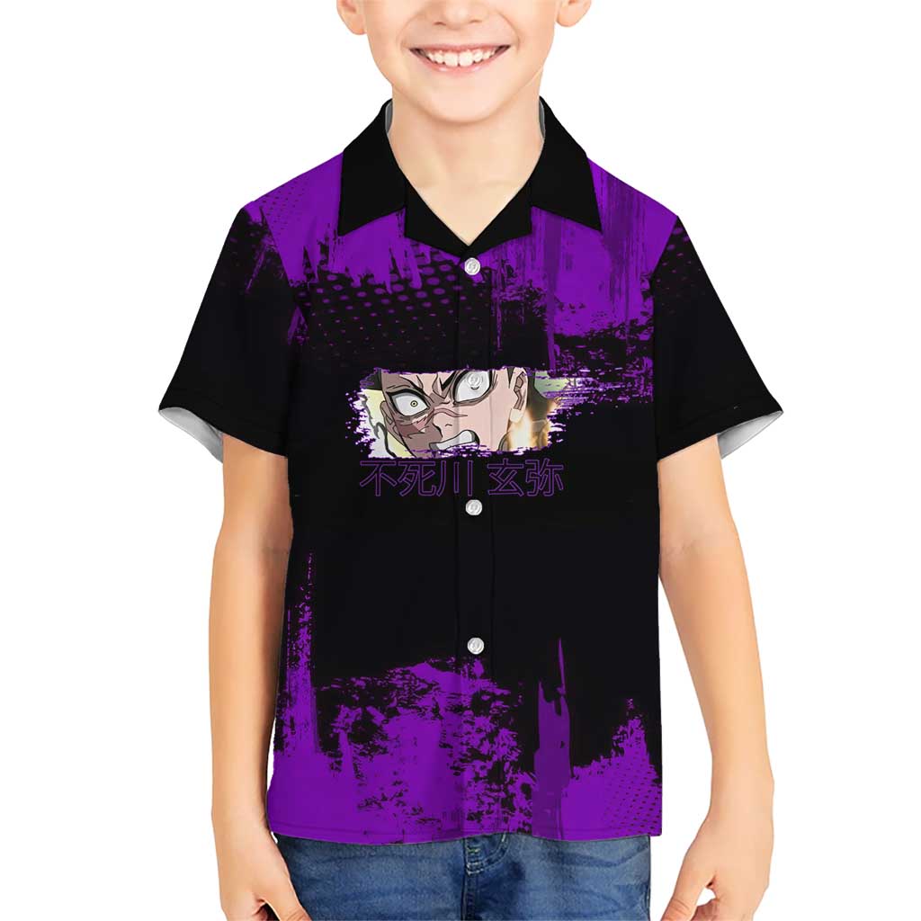 Genya Shinazugawa Demon Slayer Purple Grunge Design Kid Hawaiian Shirt with Fierce Expression and Combat Stance - The Mazicc