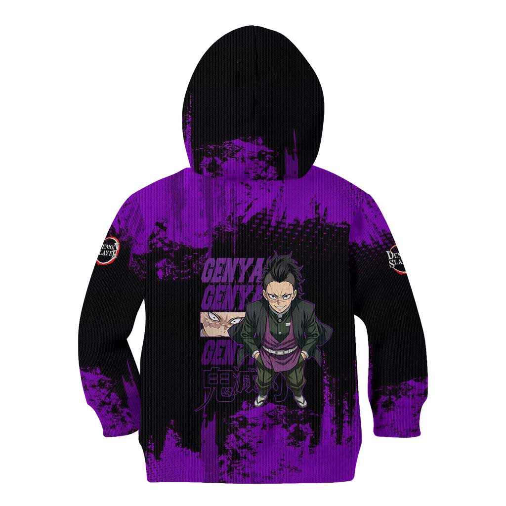 Genya Shinazugawa Demon Slayer Purple Grunge Design Kid Hoodie with Fierce Expression and Combat Stance - The Mazicc