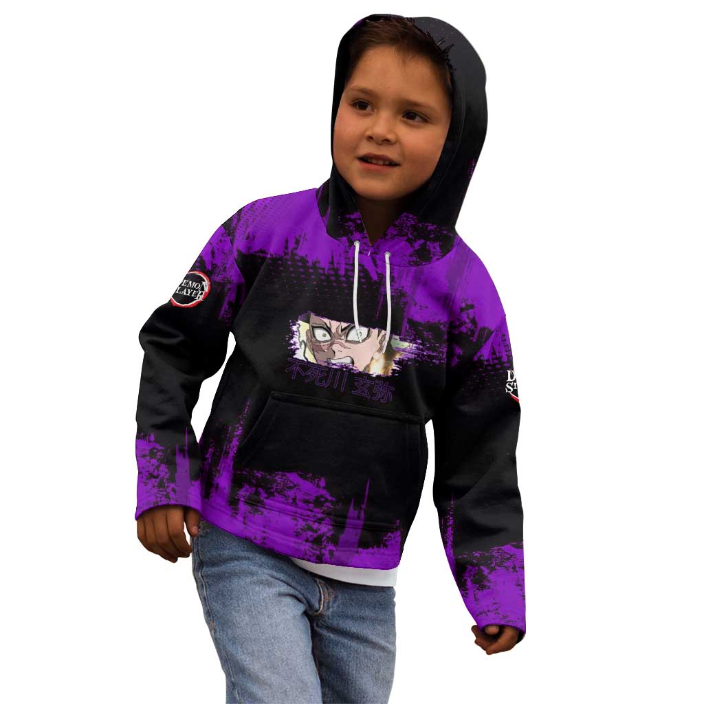 Genya Shinazugawa Demon Slayer Purple Grunge Design Kid Hoodie with Fierce Expression and Combat Stance - The Mazicc