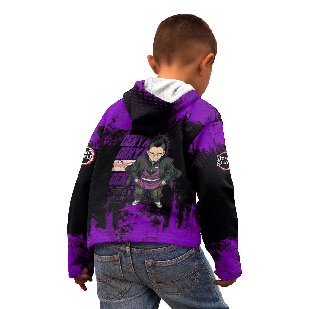 Genya Shinazugawa Demon Slayer Purple Grunge Design Kid Hoodie with Fierce Expression and Combat Stance - The Mazicc