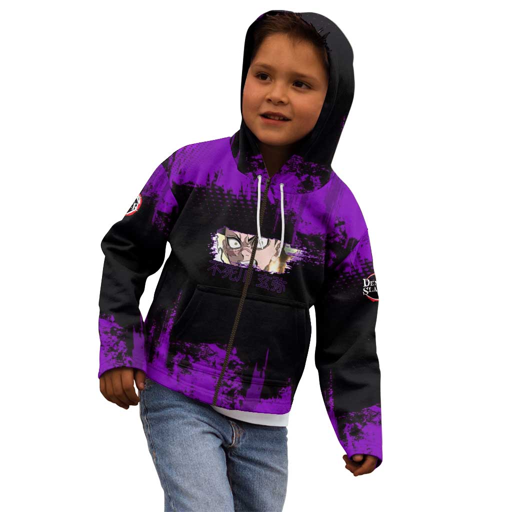 Genya Shinazugawa Demon Slayer Purple Grunge Design Kid Hoodie with Fierce Expression and Combat Stance - The Mazicc