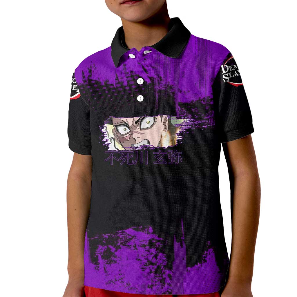 Genya Shinazugawa Demon Slayer Purple Grunge Design Kid Polo Shirt with Fierce Expression and Combat Stance - The Mazicc