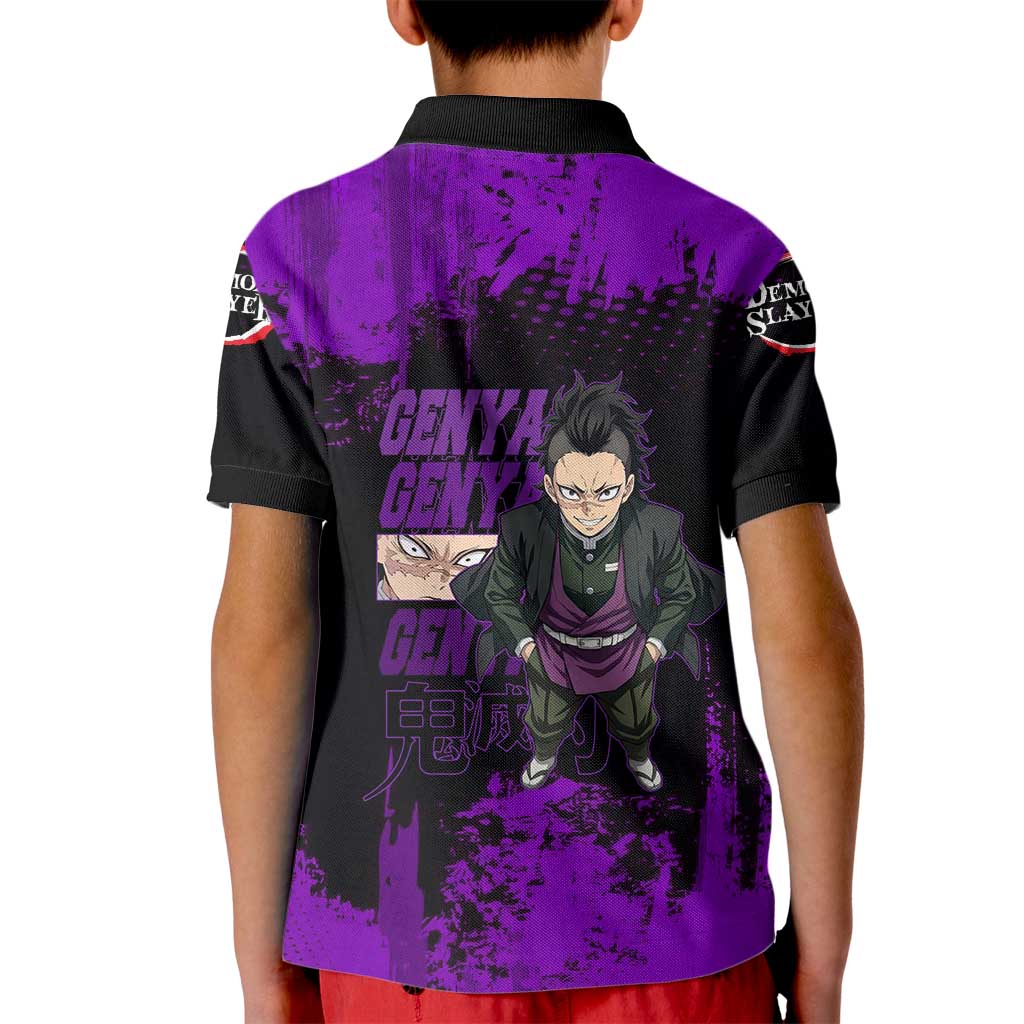 Genya Shinazugawa Demon Slayer Purple Grunge Design Kid Polo Shirt with Fierce Expression and Combat Stance - The Mazicc
