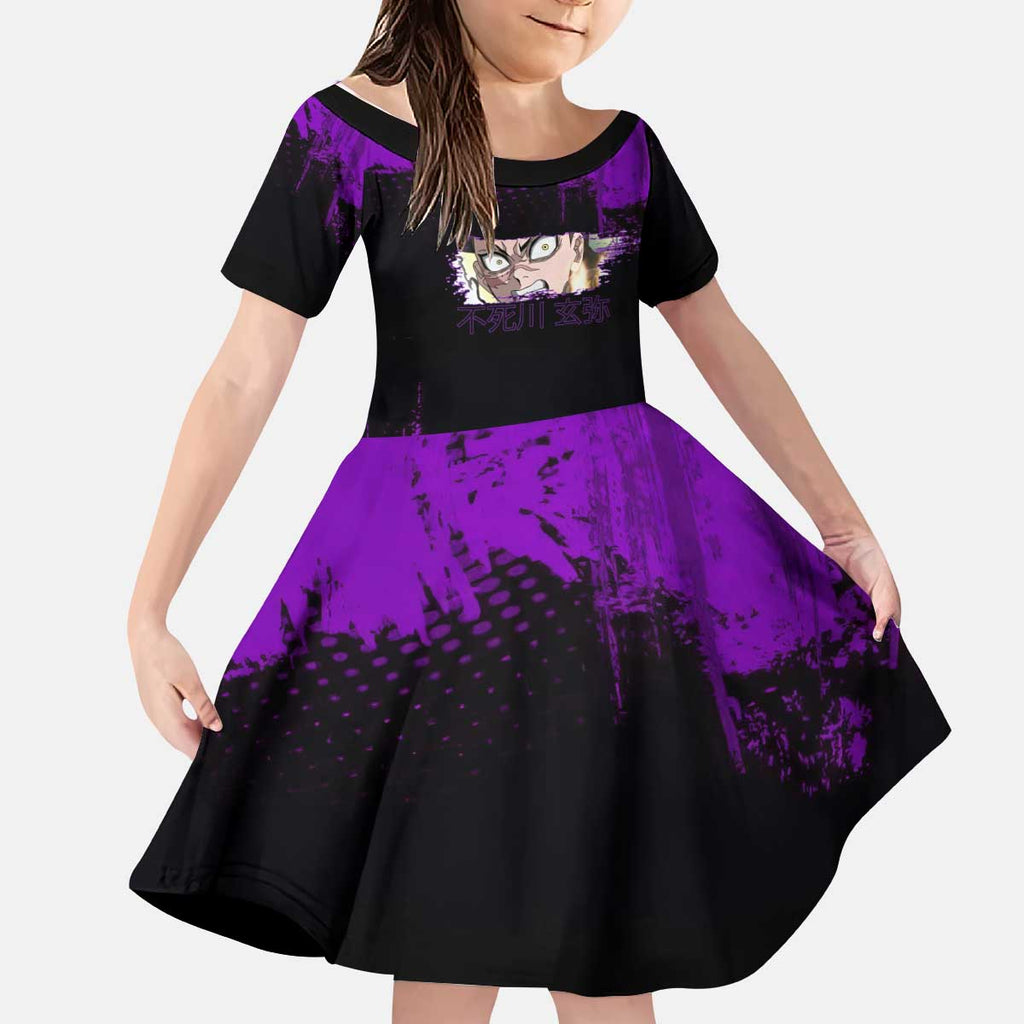 Genya Shinazugawa Demon Slayer Purple Grunge Design Kid Short Sleeve Dress with Fierce Expression and Combat Stance - The Mazicc