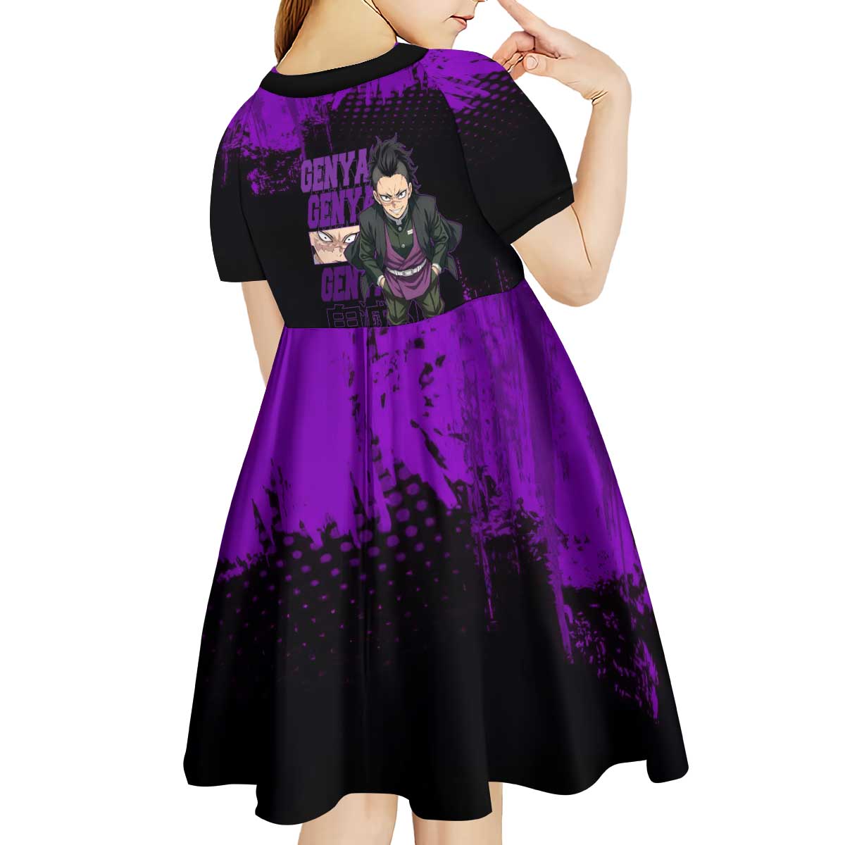 Genya Shinazugawa Demon Slayer Purple Grunge Design Kid Short Sleeve Dress with Fierce Expression and Combat Stance - The Mazicc