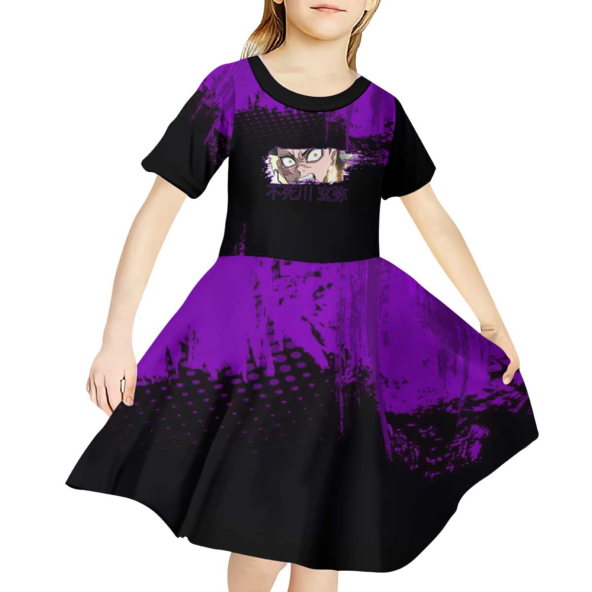 Genya Shinazugawa Demon Slayer Purple Grunge Design Kid Short Sleeve Dress with Fierce Expression and Combat Stance - The Mazicc