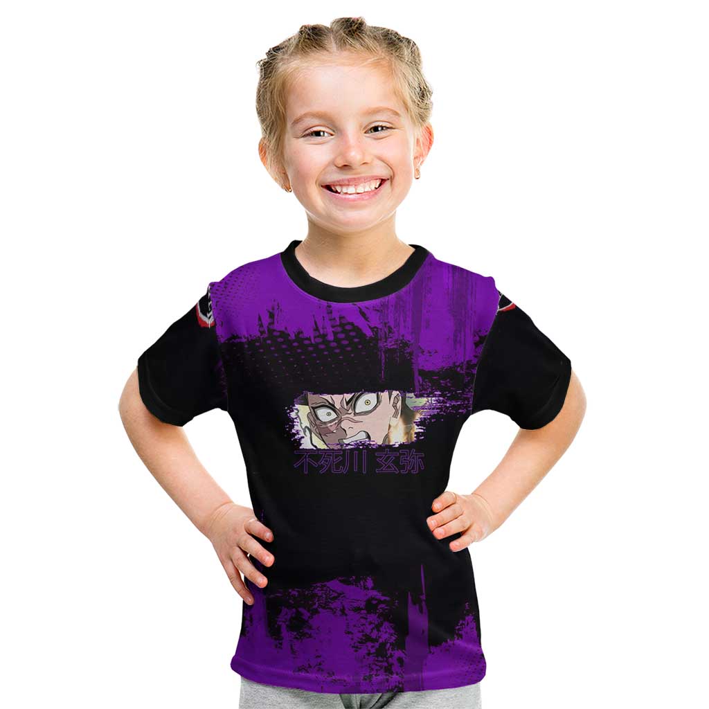 Genya Shinazugawa Demon Slayer Purple Grunge Design Kid T Shirt with Fierce Expression and Combat Stance - The Mazicc