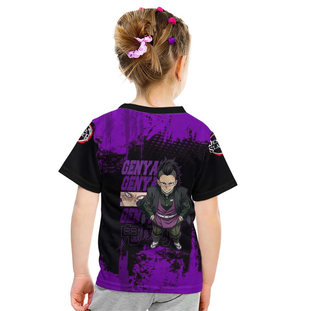 Genya Shinazugawa Demon Slayer Purple Grunge Design Kid T Shirt with Fierce Expression and Combat Stance - The Mazicc
