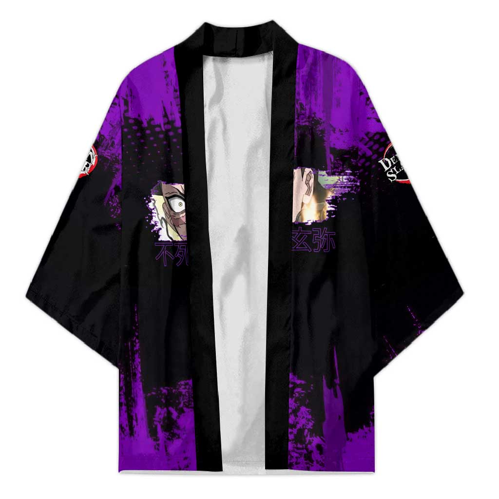 Genya Shinazugawa Demon Slayer Purple Grunge Design Kimono with Fierce Expression and Combat Stance - The Mazicc