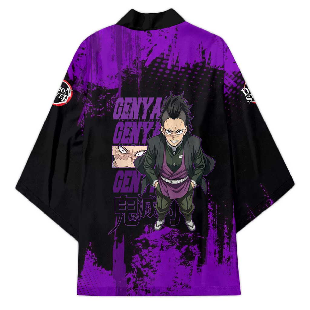 Genya Shinazugawa Demon Slayer Purple Grunge Design Kimono with Fierce Expression and Combat Stance - The Mazicc