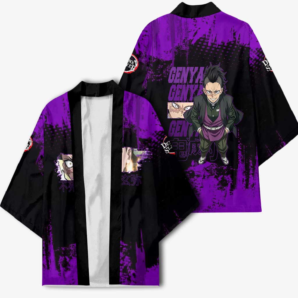 Genya Shinazugawa Demon Slayer Purple Grunge Design Kimono with Fierce Expression and Combat Stance - The Mazicc