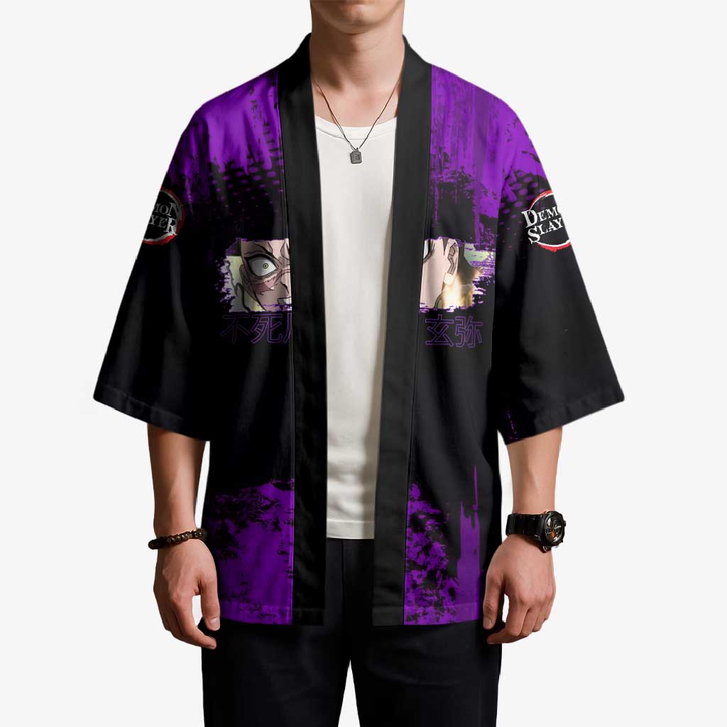 Genya Shinazugawa Demon Slayer Purple Grunge Design Kimono with Fierce Expression and Combat Stance - The Mazicc