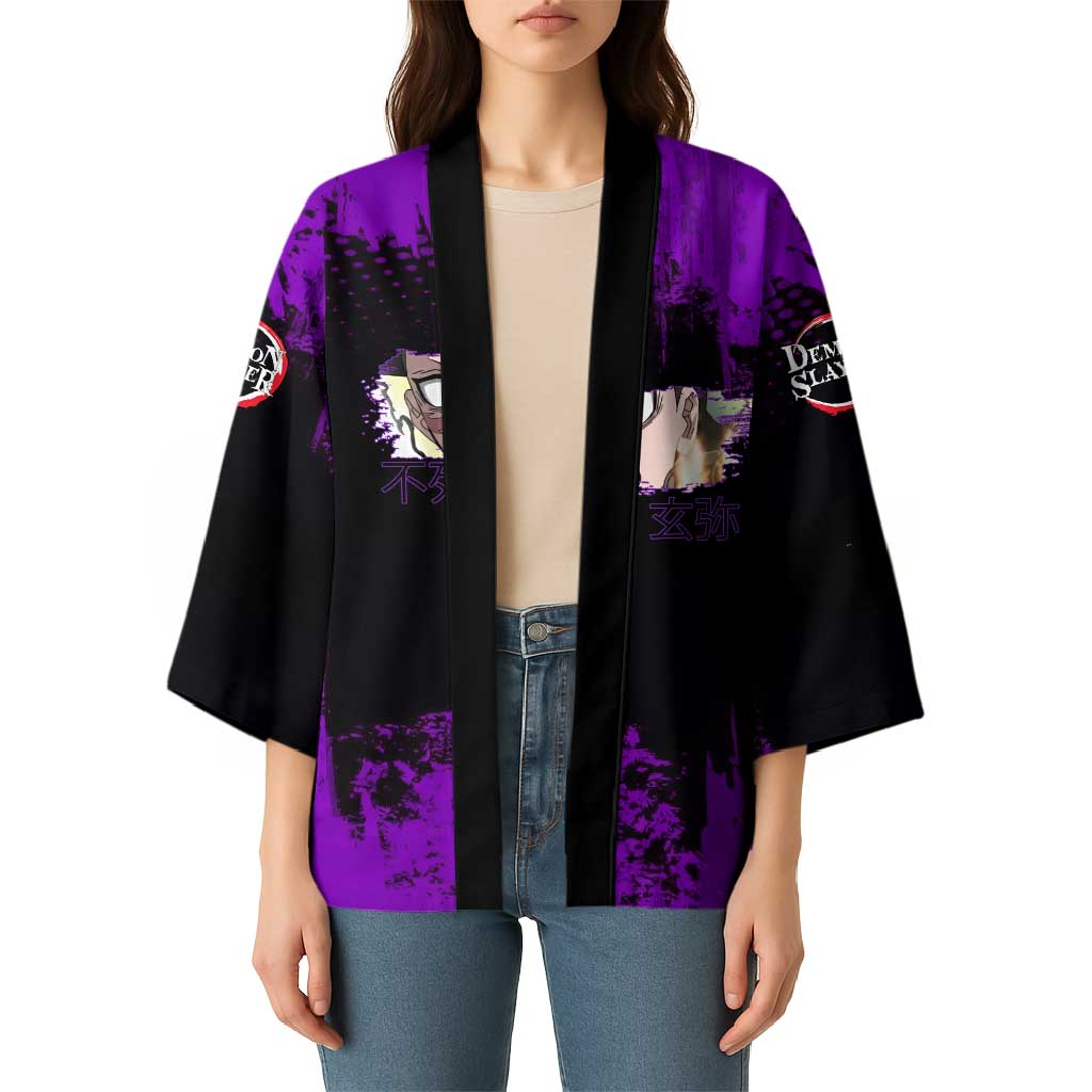 Genya Shinazugawa Demon Slayer Purple Grunge Design Kimono with Fierce Expression and Combat Stance - The Mazicc