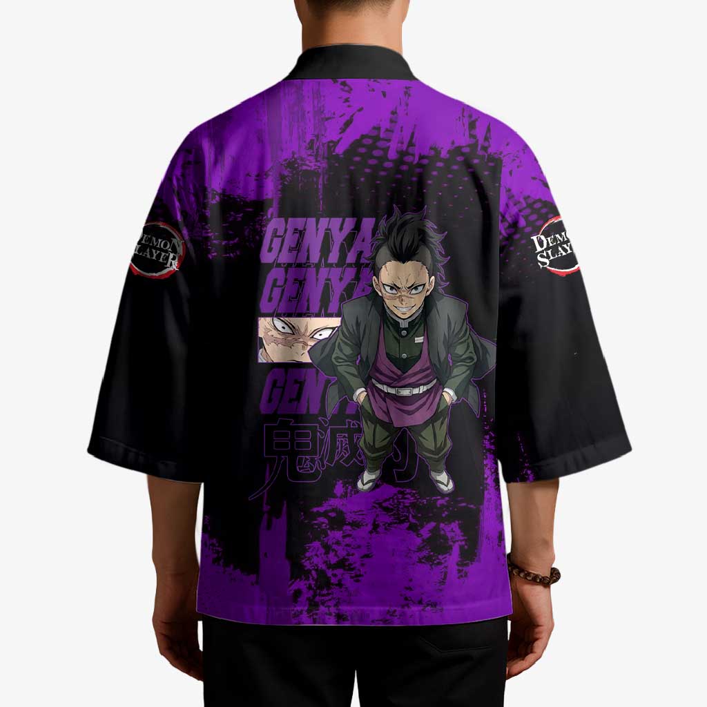 Genya Shinazugawa Demon Slayer Purple Grunge Design Kimono with Fierce Expression and Combat Stance - The Mazicc