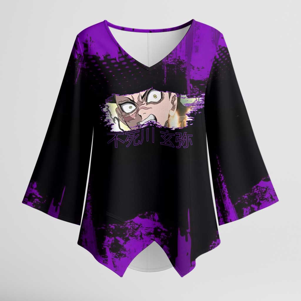 Genya Shinazugawa Demon Slayer Purple Grunge Design Kimono Sleeve Blouse with Fierce Expression and Combat Stance - The Mazicc