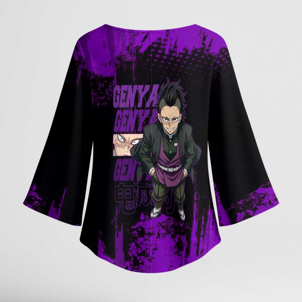 Genya Shinazugawa Demon Slayer Purple Grunge Design Kimono Sleeve Blouse with Fierce Expression and Combat Stance - The Mazicc