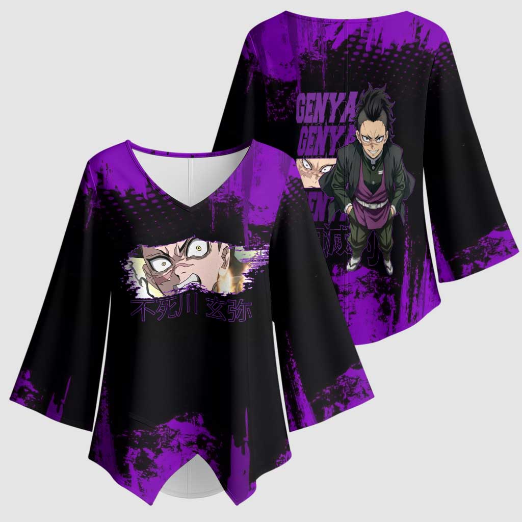 Genya Shinazugawa Demon Slayer Purple Grunge Design Kimono Sleeve Blouse with Fierce Expression and Combat Stance - The Mazicc