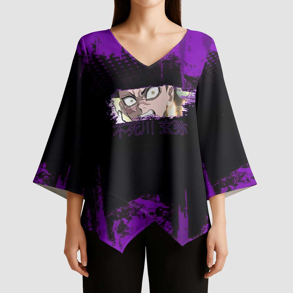 Genya Shinazugawa Demon Slayer Purple Grunge Design Kimono Sleeve Blouse with Fierce Expression and Combat Stance - The Mazicc