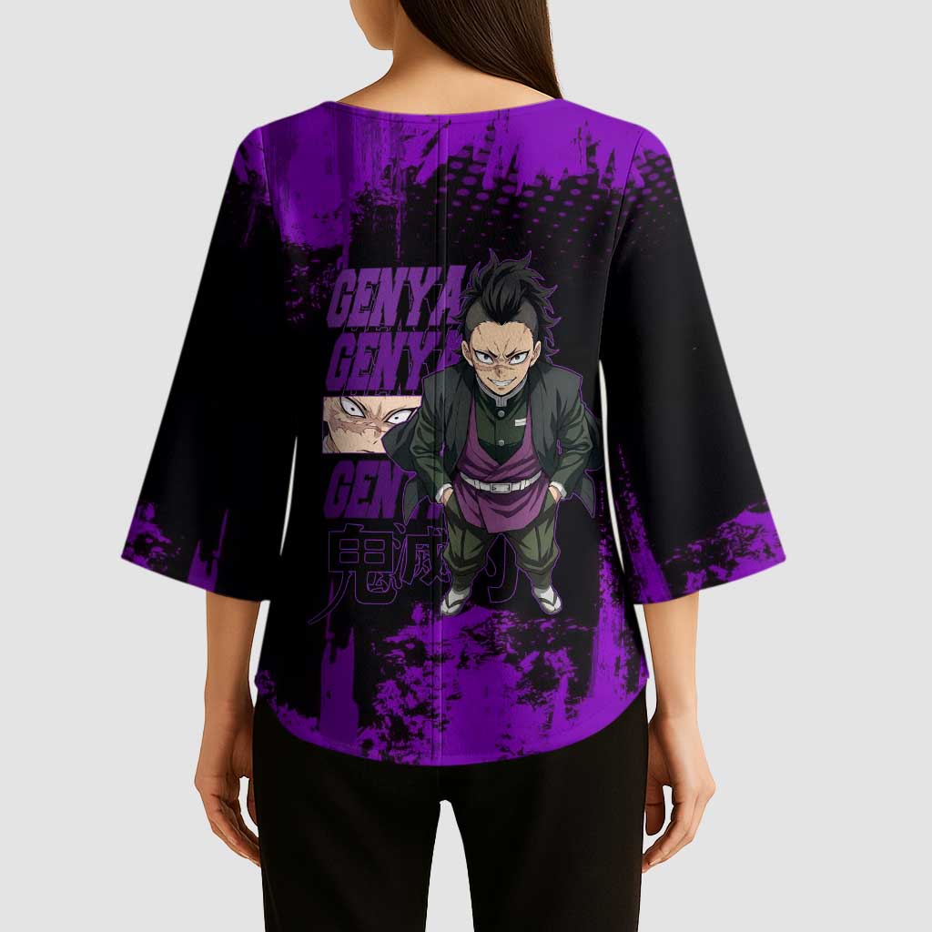 Genya Shinazugawa Demon Slayer Purple Grunge Design Kimono Sleeve Blouse with Fierce Expression and Combat Stance - The Mazicc