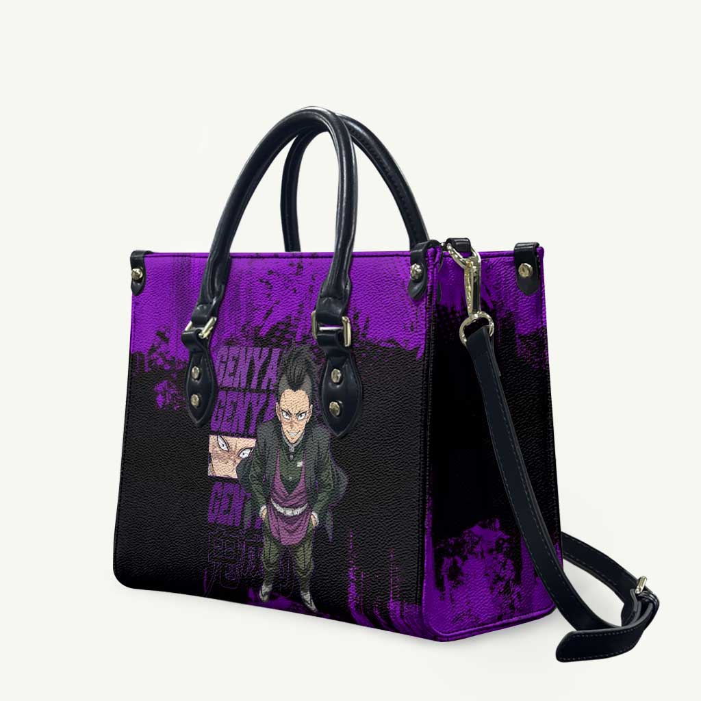 Genya Shinazugawa Demon Slayer Purple Grunge Design Leather Bag with Fierce Expression and Combat Stance - The Mazicc
