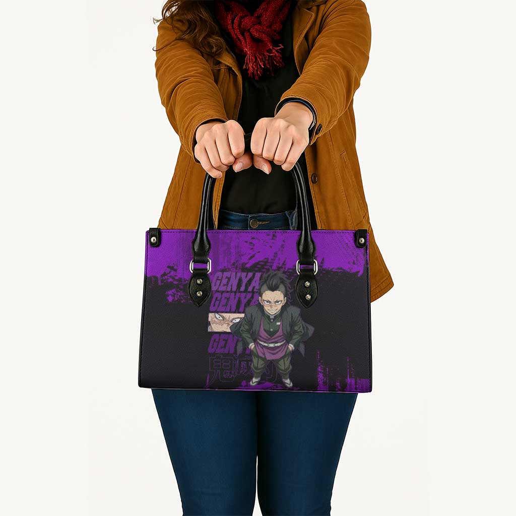 Genya Shinazugawa Demon Slayer Purple Grunge Design Leather Bag with Fierce Expression and Combat Stance - The Mazicc