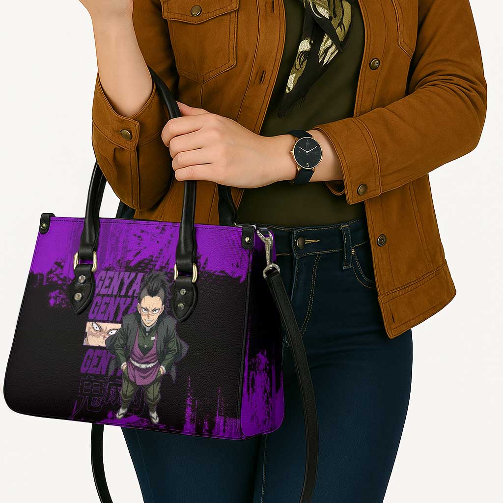 Genya Shinazugawa Demon Slayer Purple Grunge Design Leather Bag with Fierce Expression and Combat Stance - The Mazicc