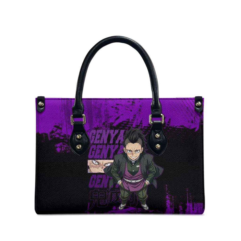 Genya Shinazugawa Demon Slayer Purple Grunge Design Leather Bag with Fierce Expression and Combat Stance - The Mazicc