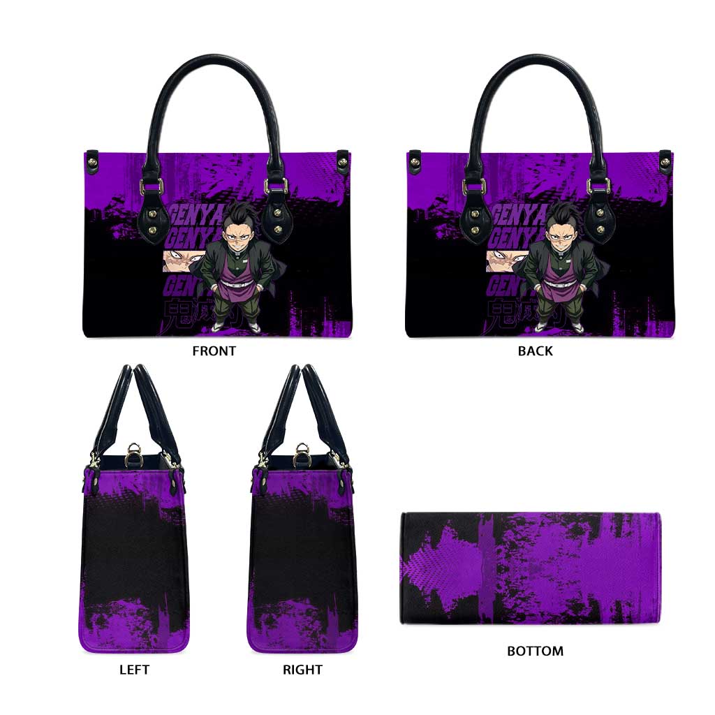 Genya Shinazugawa Demon Slayer Purple Grunge Design Leather Bag with Fierce Expression and Combat Stance - The Mazicc