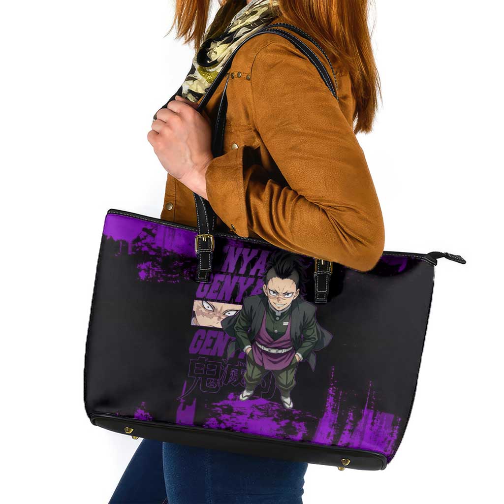 Genya Shinazugawa Demon Slayer Purple Grunge Design Leather Tote Bag with Fierce Expression and Combat Stance - The Mazicc