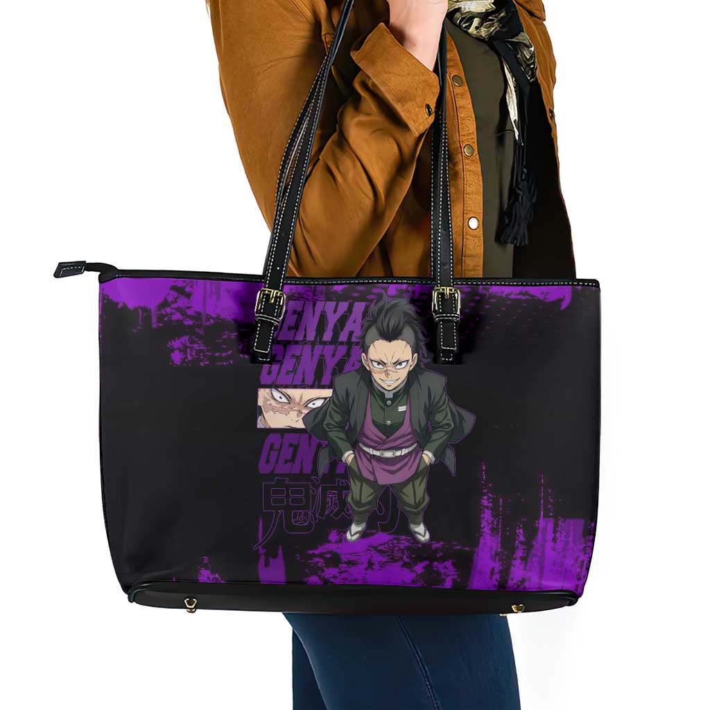 Genya Shinazugawa Demon Slayer Purple Grunge Design Leather Tote Bag with Fierce Expression and Combat Stance - The Mazicc