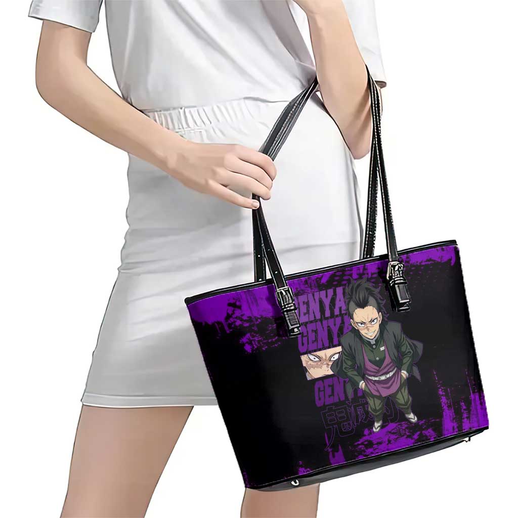 Genya Shinazugawa Demon Slayer Purple Grunge Design Leather Tote Bag with Fierce Expression and Combat Stance - The Mazicc