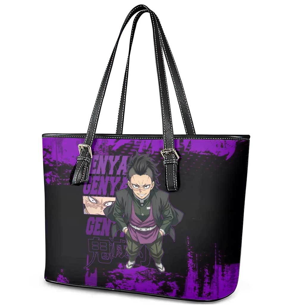 Genya Shinazugawa Demon Slayer Purple Grunge Design Leather Tote Bag with Fierce Expression and Combat Stance - The Mazicc
