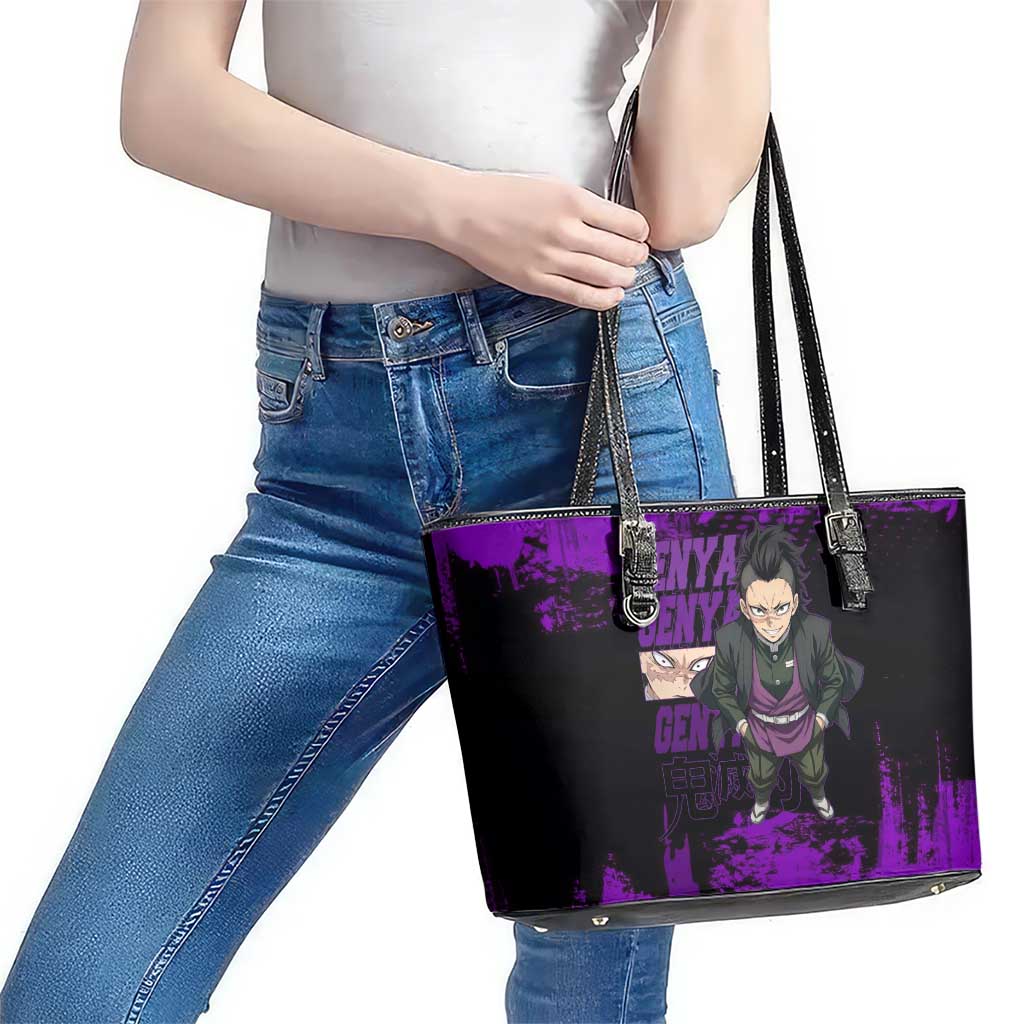 Genya Shinazugawa Demon Slayer Purple Grunge Design Leather Tote Bag with Fierce Expression and Combat Stance - The Mazicc