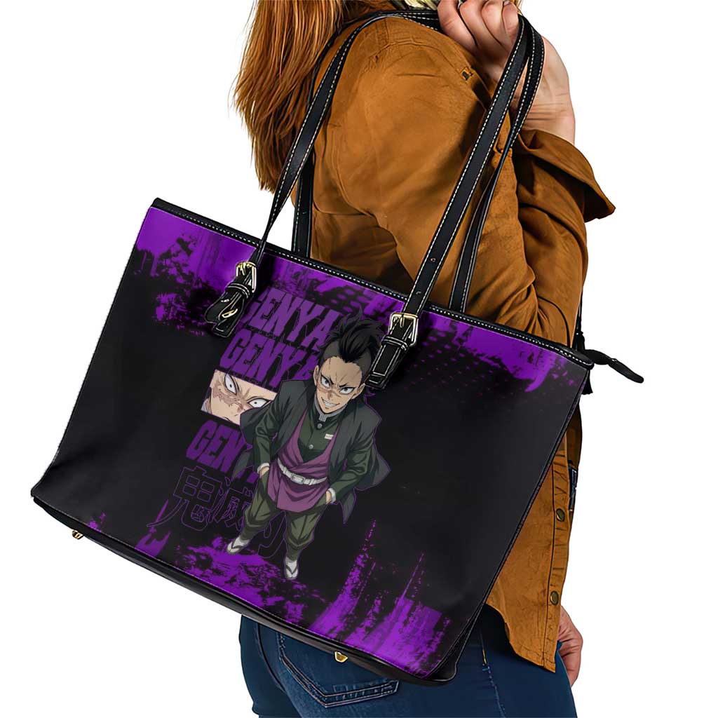 Genya Shinazugawa Demon Slayer Purple Grunge Design Leather Tote Bag with Fierce Expression and Combat Stance - The Mazicc