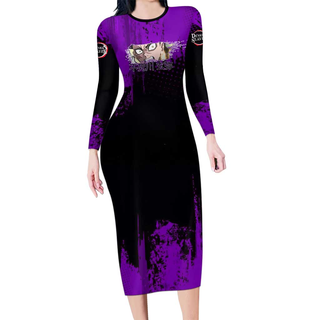 Genya Shinazugawa Demon Slayer Purple Grunge Design Long Sleeve Bodycon Dress with Fierce Expression and Combat Stance - The Mazicc