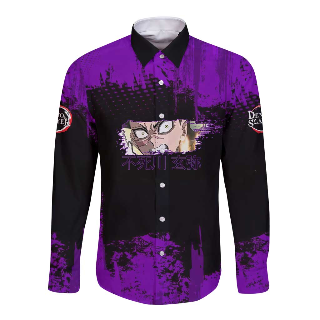 Genya Shinazugawa Demon Slayer Purple Grunge Design Long Sleeve Button Shirt with Fierce Expression and Combat Stance - The Mazicc