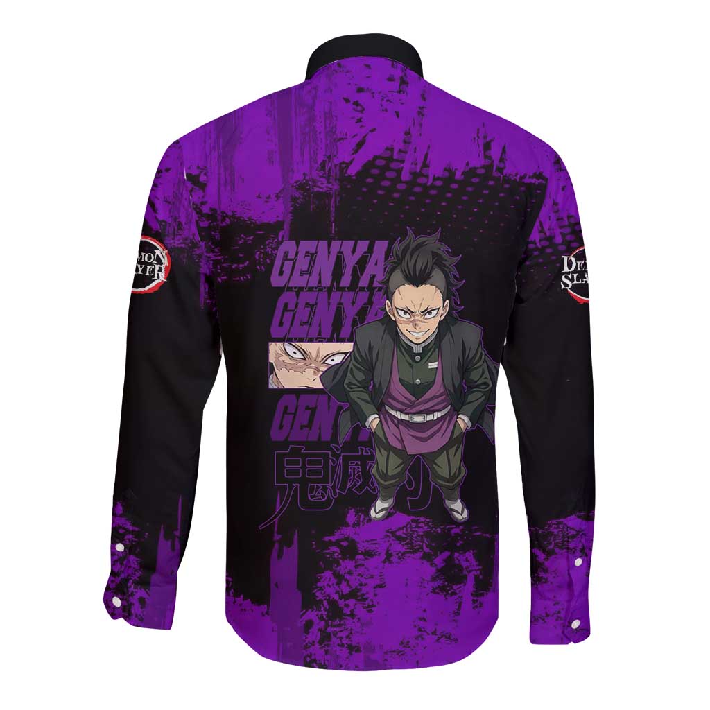 Genya Shinazugawa Demon Slayer Purple Grunge Design Long Sleeve Button Shirt with Fierce Expression and Combat Stance - The Mazicc