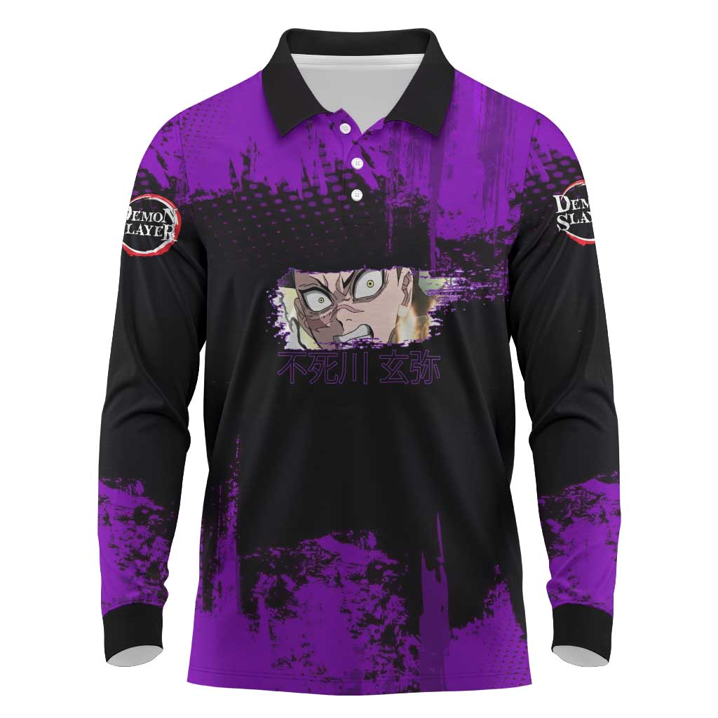 Genya Shinazugawa Demon Slayer Purple Grunge Design Long Sleeve Polo Shirt with Fierce Expression and Combat Stance - The Mazicc
