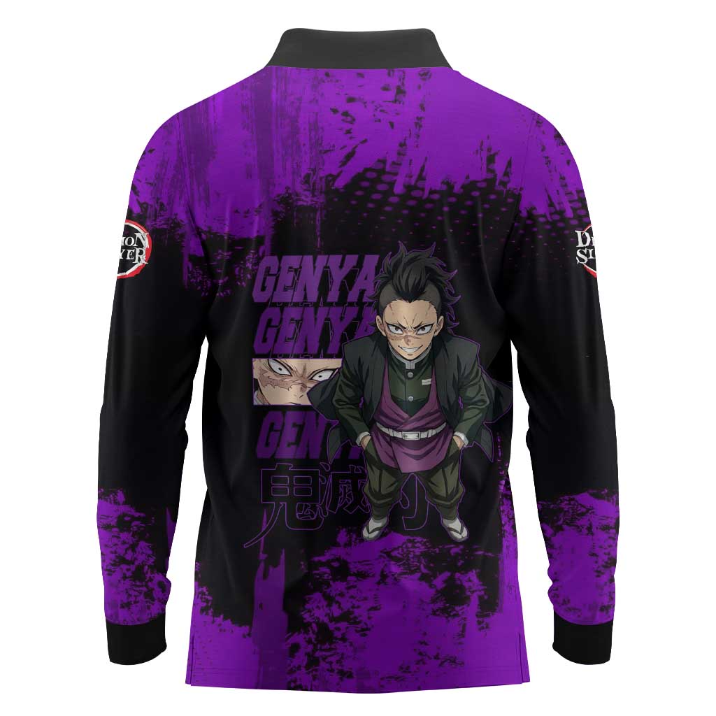 Genya Shinazugawa Demon Slayer Purple Grunge Design Long Sleeve Polo Shirt with Fierce Expression and Combat Stance - The Mazicc